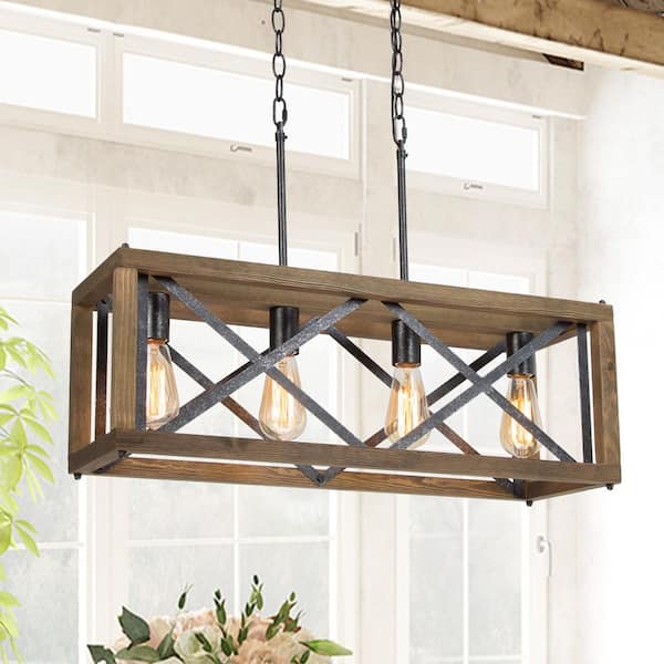 Modern Farmhouse Wood Chandelier 4-Light Black Cage Rectangle Island Chandelier for Kitchen Dining Room