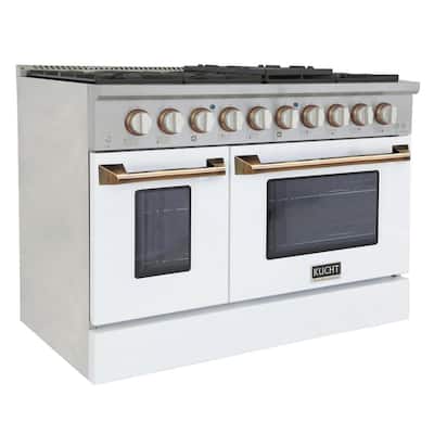 Custom KNG 48 in. 6.7 cu. ft. Natural Gas Range Double Oven with Convection in White with White Knobs and Gold Handle