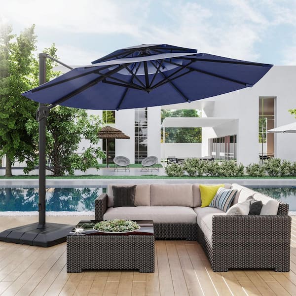 11 ft. Double Top Aluminum Cantilever Patio Umbrella with Base for Patio Deck Garden in Navy Blue