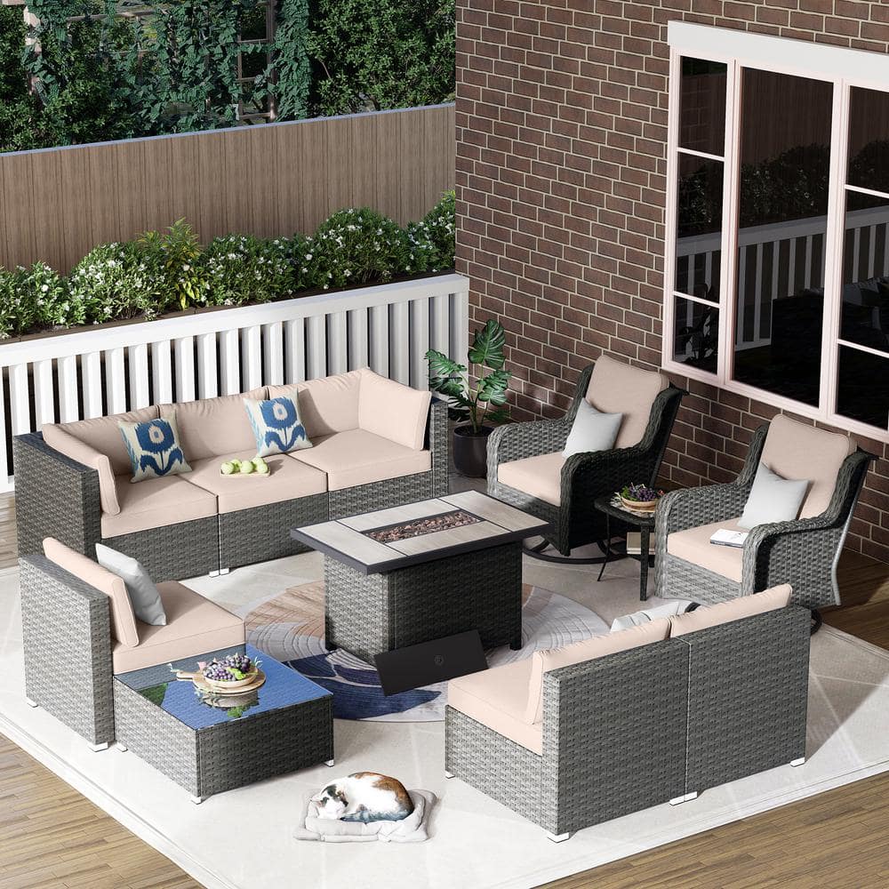 Iris Gray 11-Piece Wicker Outerdoor Patio Rectangular Fire Pit Set with Beige Cushions and Swivel Rocking Chairs price history on PriceWatchPro