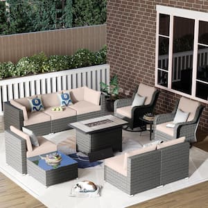 Iris Gray 11-Piece Wicker Outerdoor Patio Rectangular Fire Pit Set with Beige Cushions and Swivel Rocking Chairs