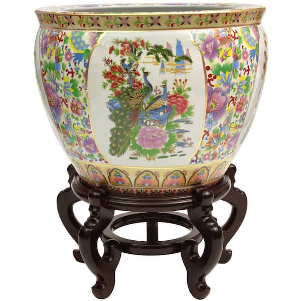 Unbranded Oriental Furniture 14 in. Satsuma Birds & Flowers Porcelain Fishbowl