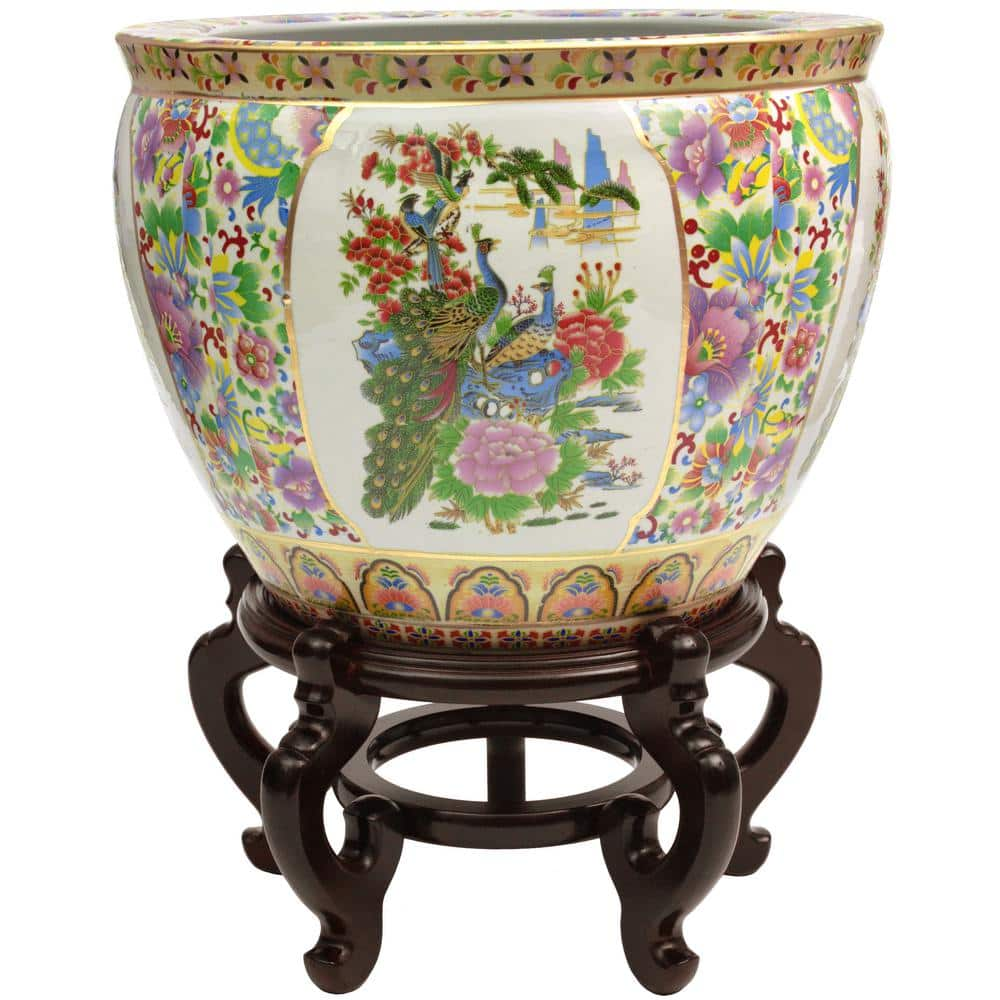 Oriental Furniture 16 in. Satsuma Birds & Flowers Porcelain Fishbowl  BW-16FISH-GDN1 - The Home Depot