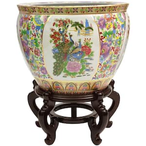 Oriental Furniture 16 in. Satsuma Birds & Flowers Porcelain Fishbowl
