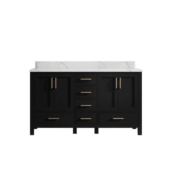 Willow Collections Malibu 60 in. W x 22 in. D x 36 in. H Double Sink Bath Vanity in Black with 1.5 in. Calacatta Laza Top