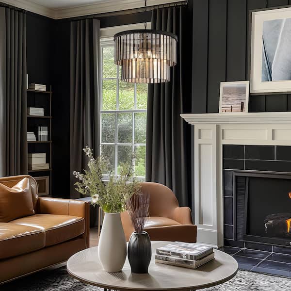 Hemera 4-Light Black Modern Drum Chandelier with 2-Tier Plated Mercury Glass Shade Living Room Silvered Hanging Light