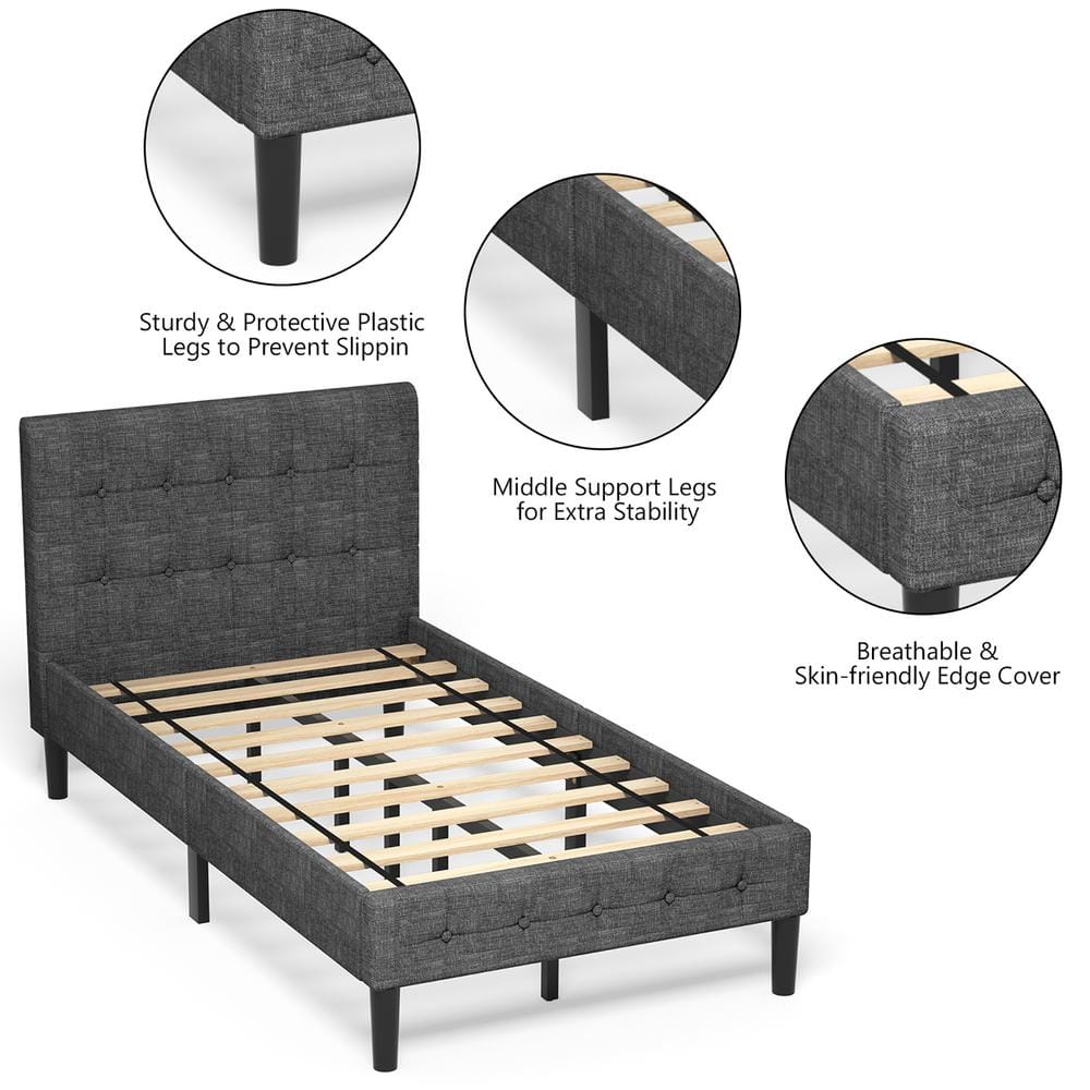 Modern Twin Upholstered Bed Frame with Nailhead Trim and Metal Headboard