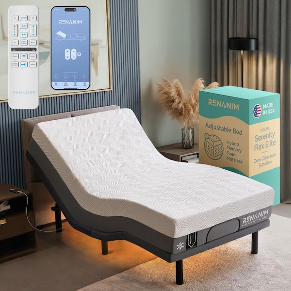 Gray Adjustable Bed Frame Twin XL with 12 in. Hybrid Mattress, USB, Under Bed Light, App Control Adjustable Bed Base
