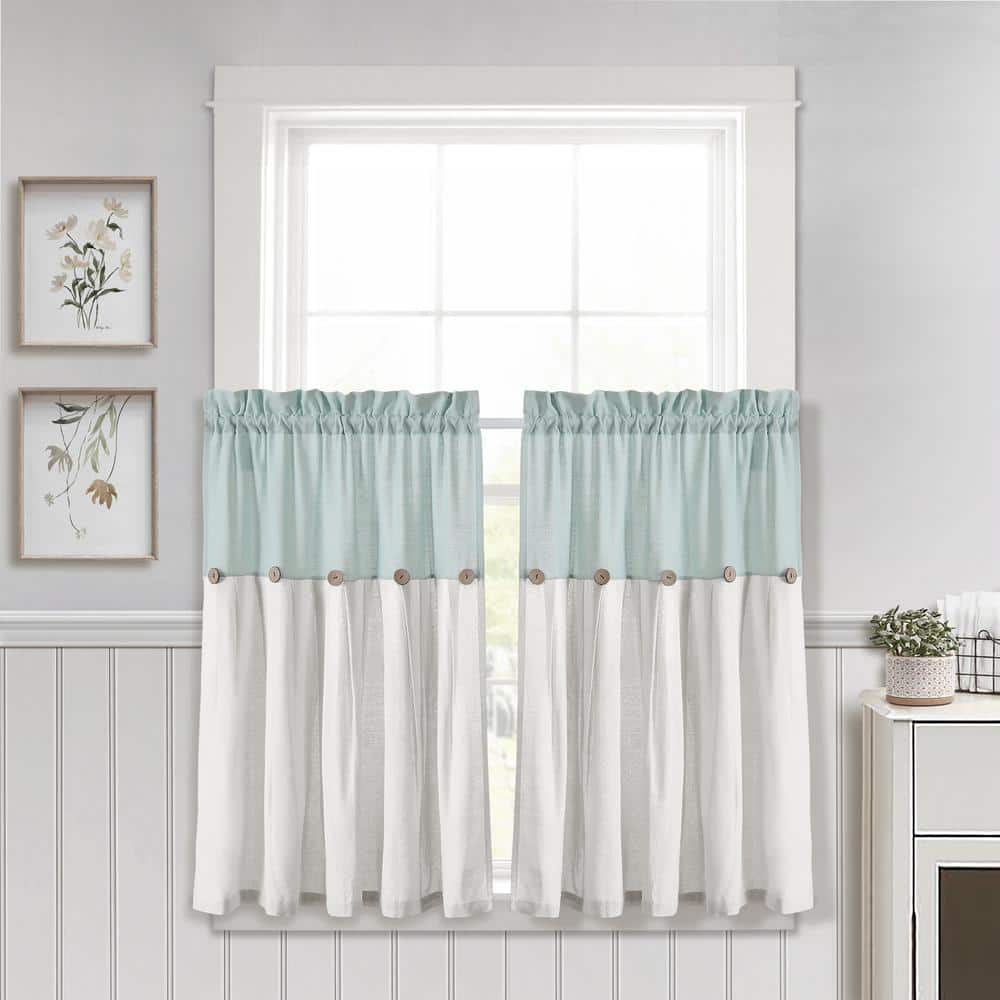 Blue and White Linen Button Kitchen Tier Curtains, 29" x 36"