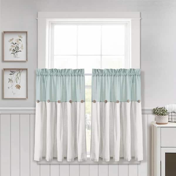 Lush Decor Linen Button Kitchen Tier Window Curtain Panels Blue/White 29X36 Set