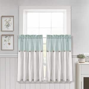 Linen Button Kitchen Tier Window Curtain Panels Blue/White 29X36 Set