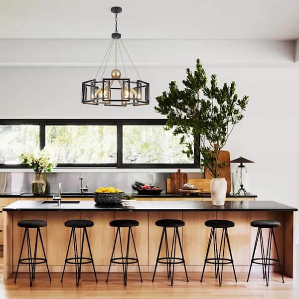 6-Light Black and Gold Geometric Modern Hanging Linear Chandelier Lighting for Kitchen Island