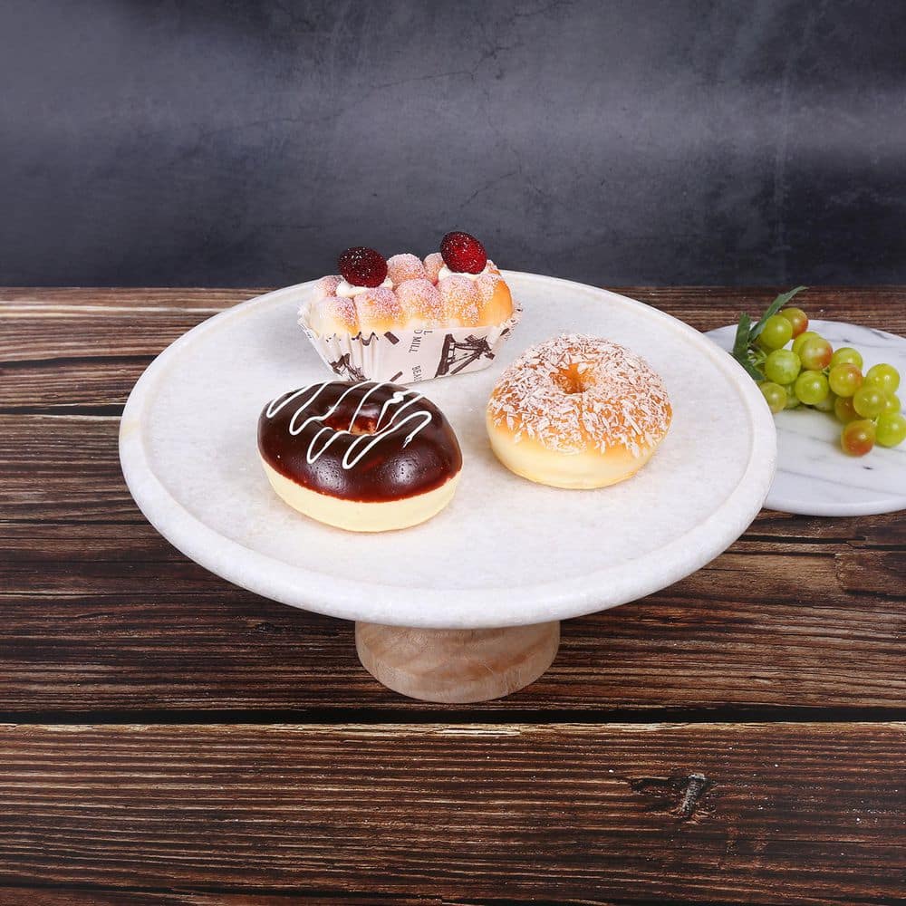 White Marble and Mango Wood Pedestal Cake Stand