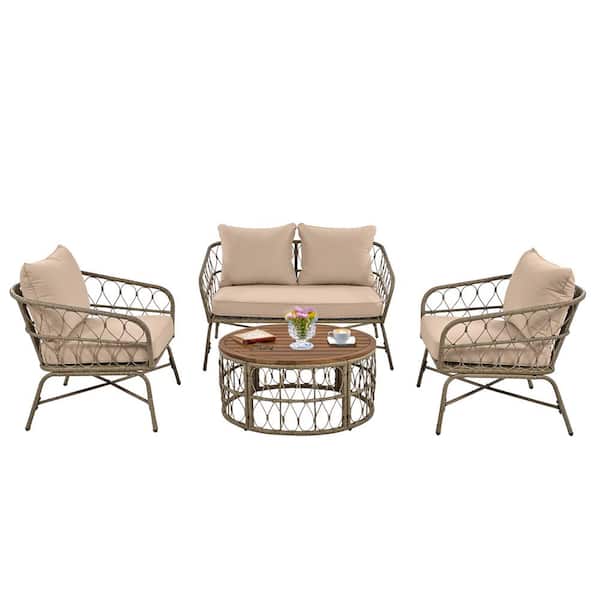 Unbranded 4-Person Outdoor Seating Group With Removable Cushions, Conversation Patio Set With Wood Tabletop, Beige