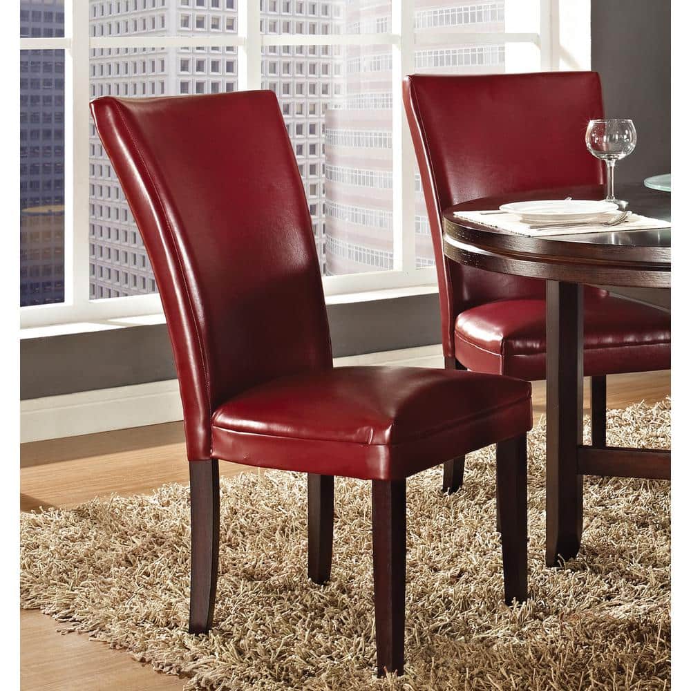 Red Leather Upholstered Parsons Side Chair with Dark Oak Legs