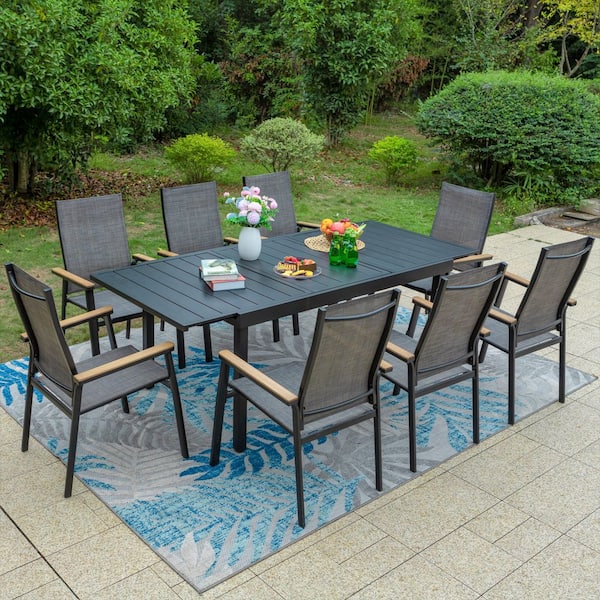 PHI VILLA Black 9-Piece Metal Outdoor Patio Dining Set with Extendable Table and Stackable Aluminum Chairs