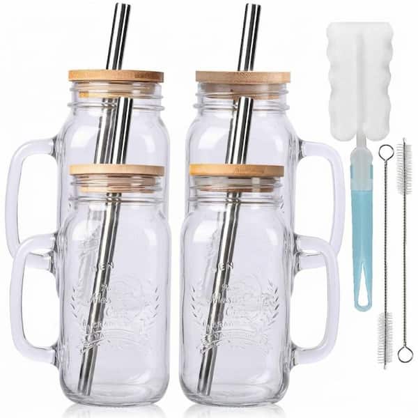 4 Pack 24oz Glass Mason Jar Cups with Handles and Bamboo Lids Set with Stainless Steel Straws and Cleaning Brush