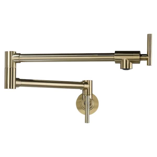 Fapully Commercial Wall Mount Pot Filler Faucet with Folding Stretchable Single Hole Two Handles in Brushed Gold