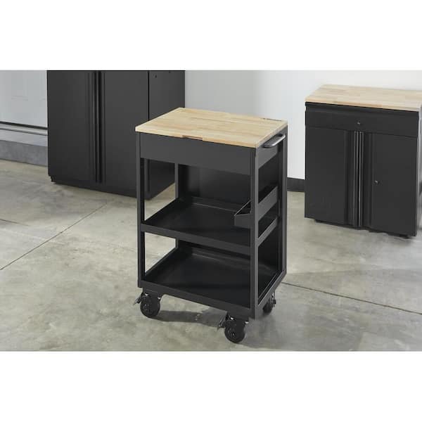 Heavy Duty Welded Utility Cart with Wooden Top in Black (24.25 in. W x 37.5 in. H x 17.5 in. D)
