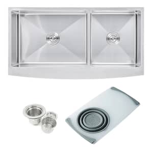 16-Gauge Stainless Steel 42 in. 60/40 Curve Front Offset Double Bowl Farmhouse Apron Kitchen Sink w/ Colander & Strainer
