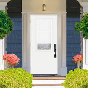 Legacy 30 in. x 80 in. RHOS 2/3 Clear Glass Micro-Blind White Primed Fiberglass Prehung Front Door