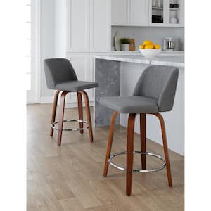 Toriano 24.25 in. Grey Fabric, Walnut Wood, and Chrome Metal Fixed-Height Counter Stool (Set of 2)