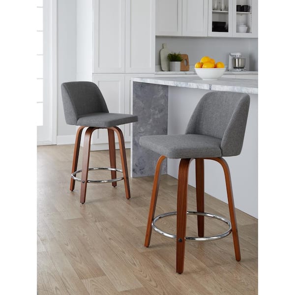 Lumisource Toriano 24.25 in. Grey Fabric, Walnut Wood, and Chrome Metal Fixed-Height Counter Stool (Set of 2)