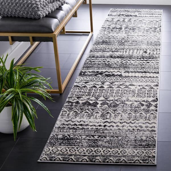 Brentwood 2 ft. x 9 ft. Black/Ivory Distressed Striped Runner Rug