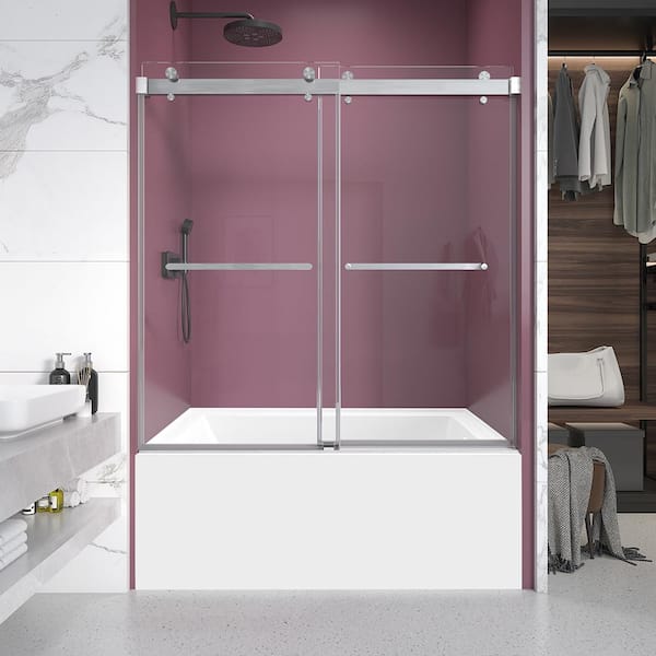 KZG 60 in. W x 60 in. H Double Sliding Frameless Shower Tub Door in Brushed Nickel with Clear 3/8 in. Glass