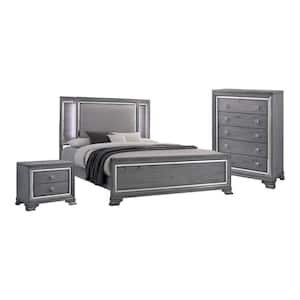 Tannon 3-Piece LED Headboard Light Gray Queen Wood Bedroom Set with Nightstand and Chest