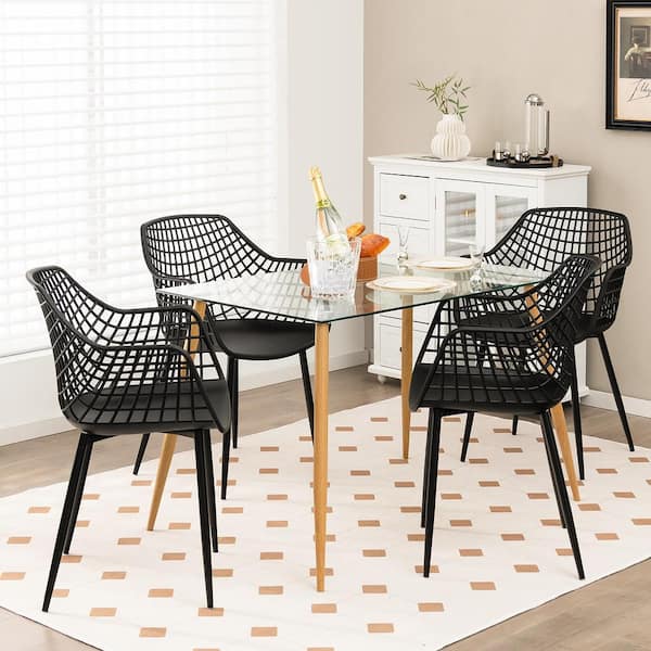 Black Modern Plastic Shell Hollow Dining Chair Set of 4 with Metal Legs for Living Room
