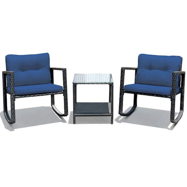 FORCLOVER 3-Piece Wicker Patio Conversation Set with Rocking Chair and Blue Cushions