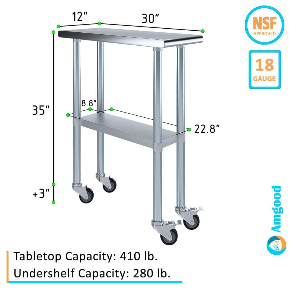 12" x 30" Stainless Steel Mobile Utility Table with Undershelf
