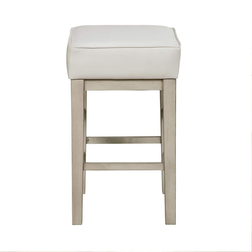 White Faux Leather and Wood Backless Counter Stools, 24 Inch