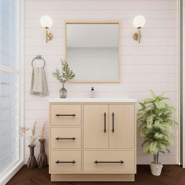 BV Better Vanity Victoria 36 in. W x 20 in. D x 35 in. H Single Sink Freestanding Bath Vanity in Yellow Oak with White Acrylic Top