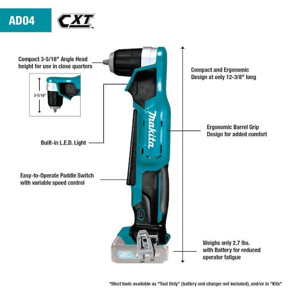 Makita 12V max CXT Lithium-Ion Cordless 3/8 in. Right Angle Drill (Tool-Only)  AD04Z The Home Depot