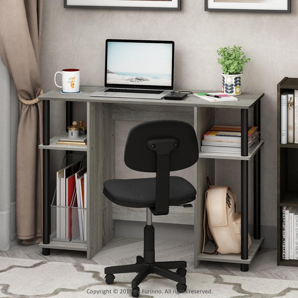 Compact French Oak Gray and Black Computer Desk with Shelves