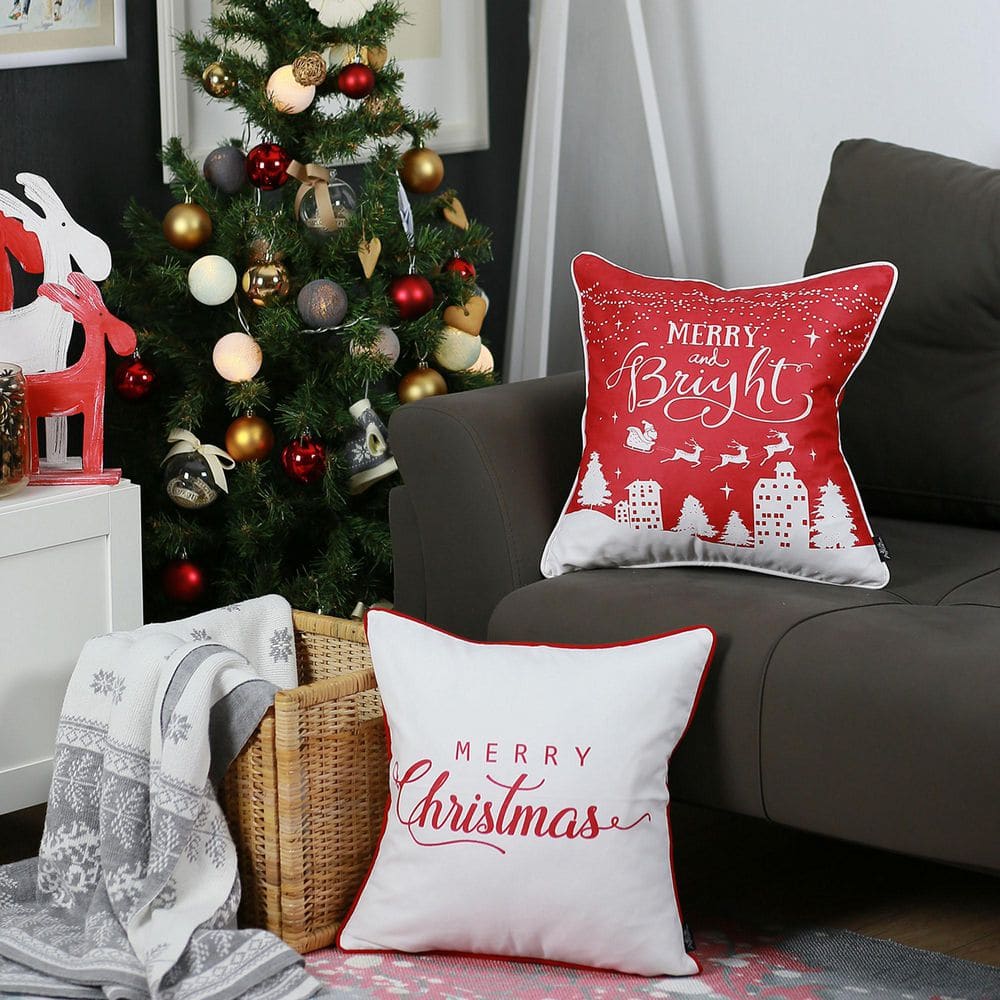 Festive Red and White Merry Christmas Polyester Throw Pillow Set