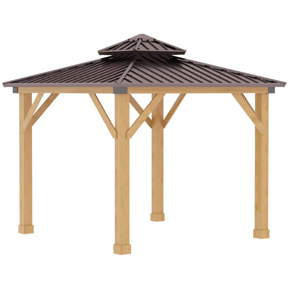 10x10 Brown Hardtop Patio Gazebo with Wooden Frame