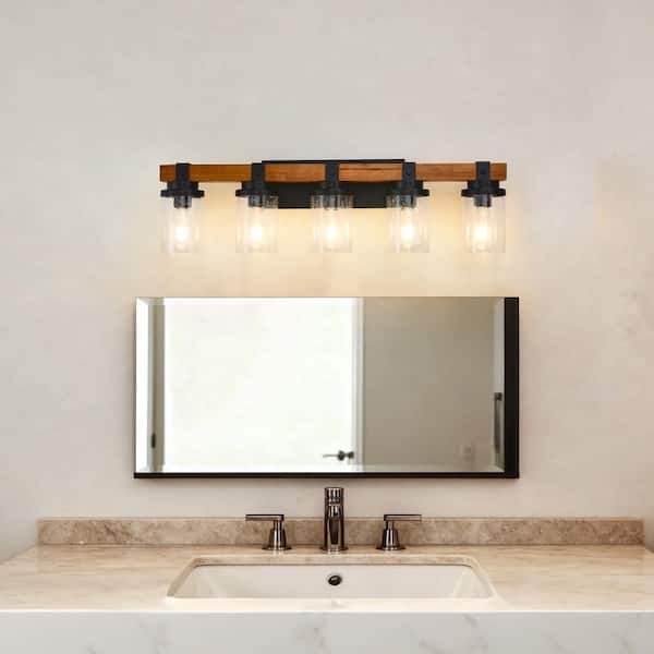 31.5 in. 5-Light Matte Black and Wood Vanity Light with Clear Glass Shades for Bathroom or Bedroom(No Bulbs)