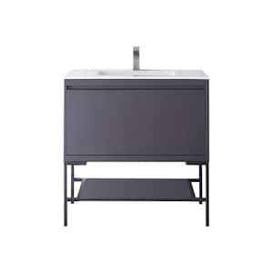 Milan 35.4 in. W x 18.1 in. D x 36 in. H Bathroom Vanity in Modern Grey Glossy with Glossy White Composite Top