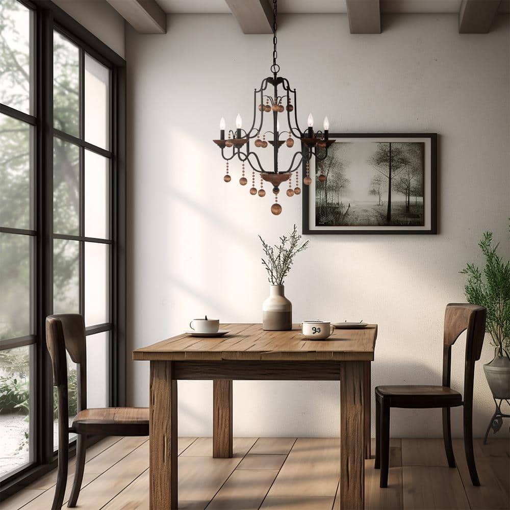 Old World Bronze and Walnut 5-Light Candle Chandelier
