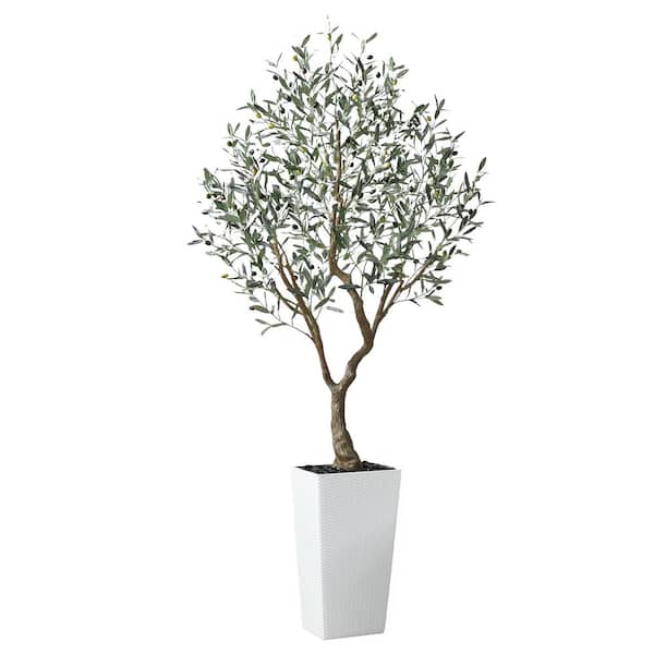 7 ft.Artificial Olive Tree UV Resistant with White Tall Planter, Faux Olive Tree for Outdoor Decor