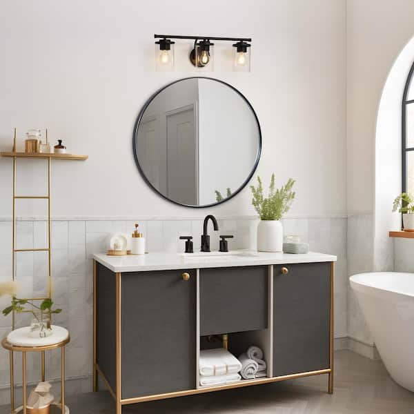 Modern Matte Black Vanity Light 21.75 in. 3-Light Bathroom Powder Room Wall Light with Cylinder Clear Glass Shades