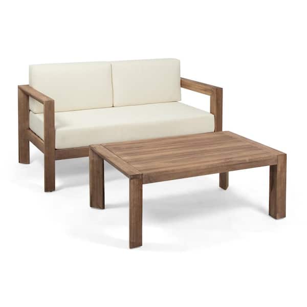 Genser Brown 2-Piece Wooden Outdoor Patio Conversation Set with Beige Cushions