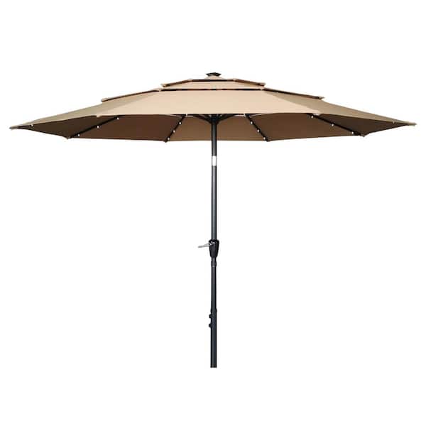 maocao hoom 11 ft. Aluminum Market Outdoor Patio Umbrella with LED in Tan