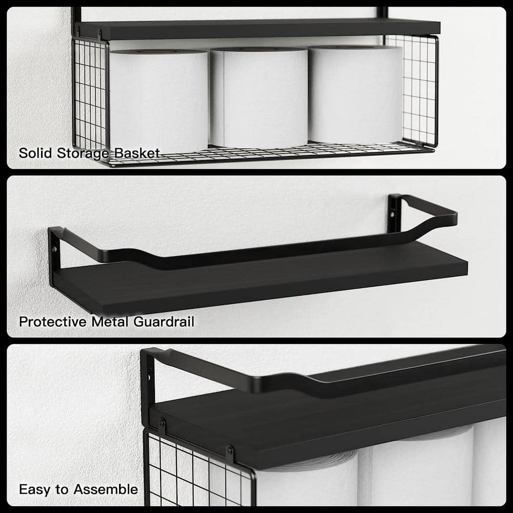 Black Wood Floating Wall Shelves with Wire Basket
