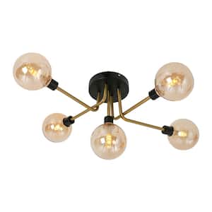40-Watt 5-Light Gold Modern Pendant Light with Amber Glass Shade for Bedroom Dining Room, No Bulbs Included