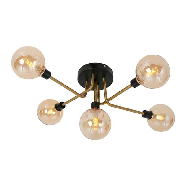 OUKANING 40-Watt 5-Light Gold Modern Pendant Light with Amber Glass Shade for Bedroom Dining Room, No Bulbs Included