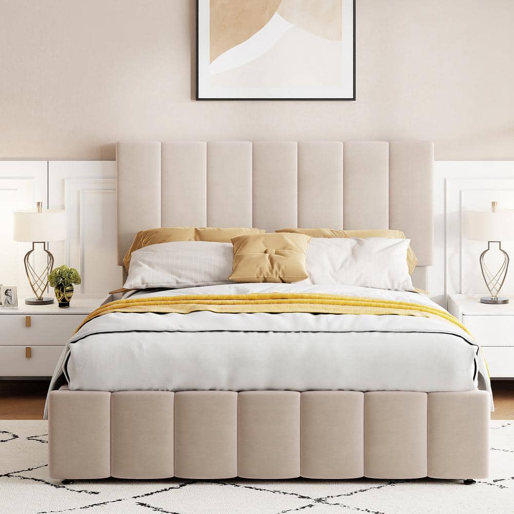 Beige Full Size Upholstered Platform Bed with Hydraulic Storage